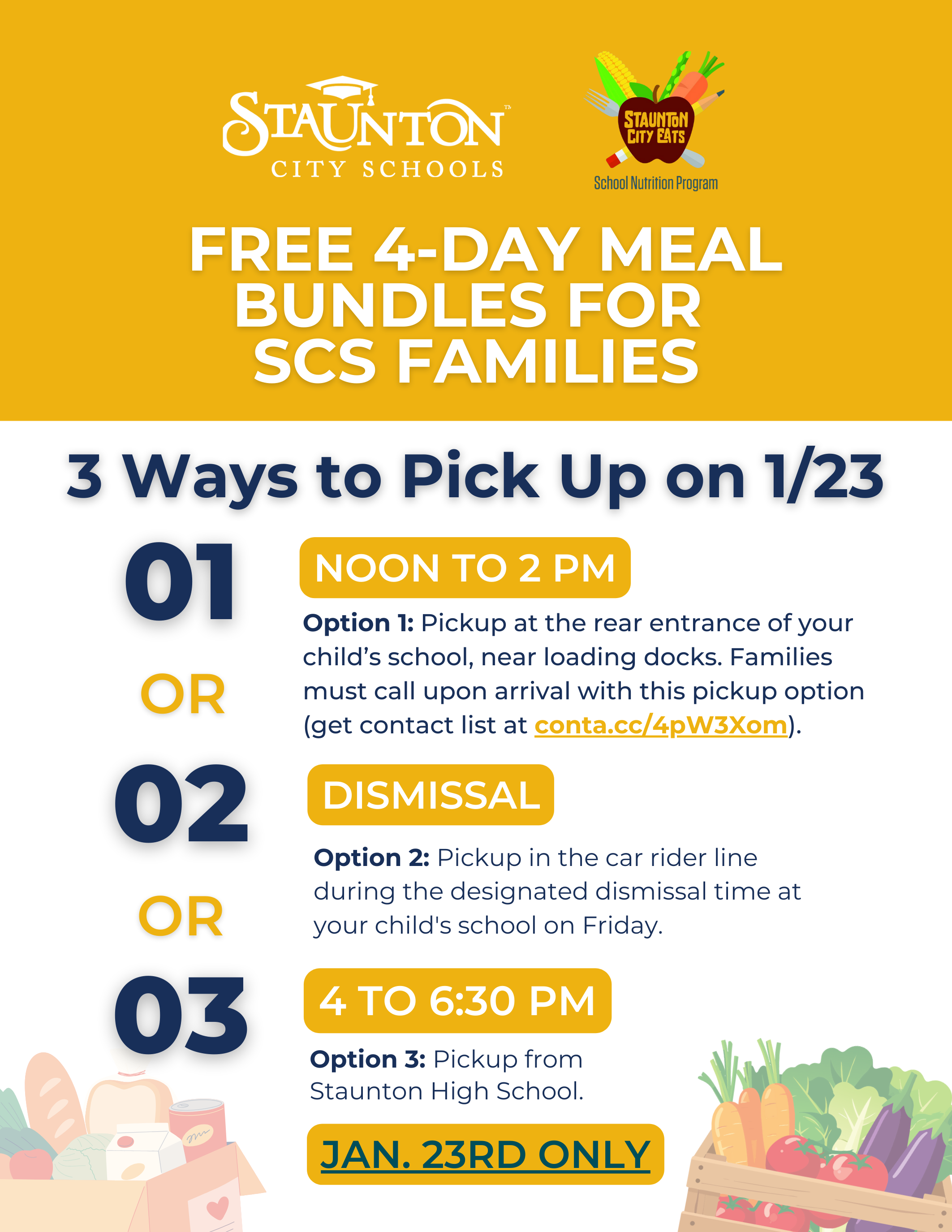 emergency food bundles available at your school Friday Jan. 23